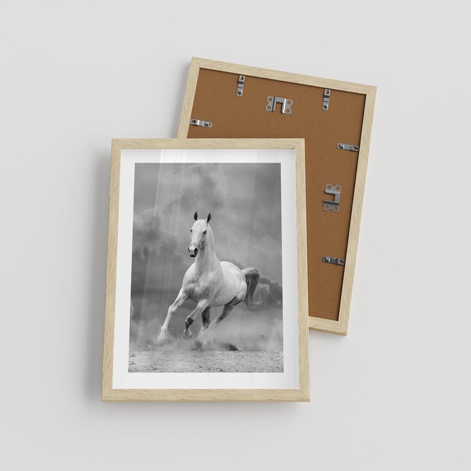 Plakat w ramie 30x40 - Elegancja w Czarno-Białym - koń, biało - rama drewno