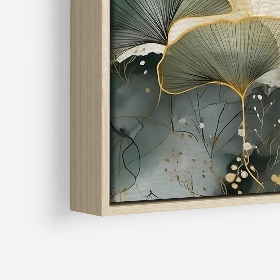 Obraz w ramie 100x70 - Natura w Złotym Odcieniu - złote elementy, liście miłorzębu japońskiego - rama drewno