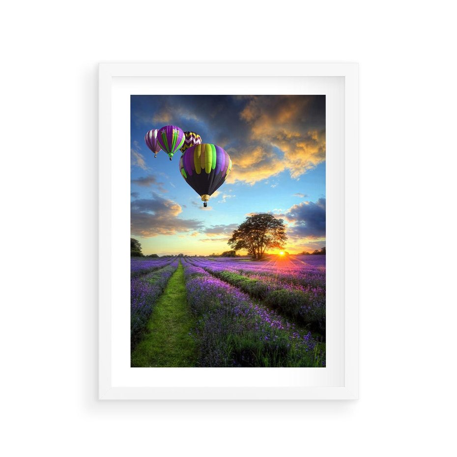Plakat w ramie 30x40 - Lawendowe Marzenia - lawenda, balony - rama biała