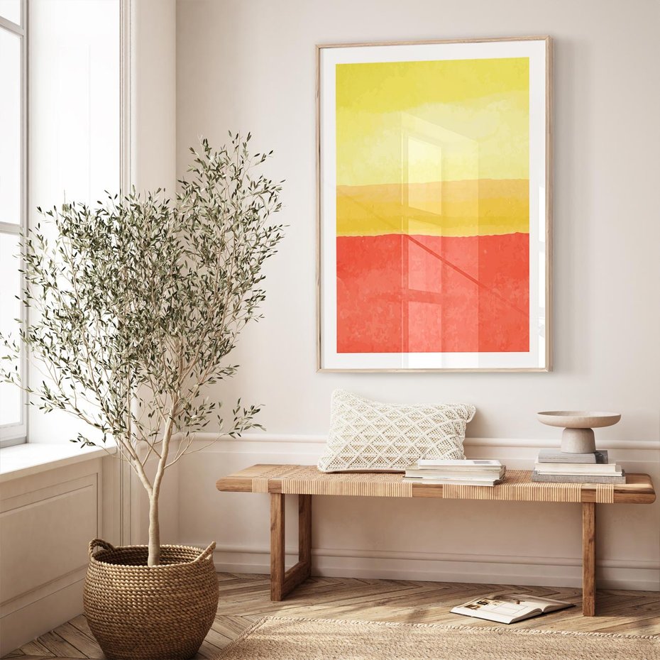 Plakat w ramie 40x50 - Rozmyte Odbicia - kolorowe akwarelowe pasy, odcienie żółci i czerwieni - rama drewno