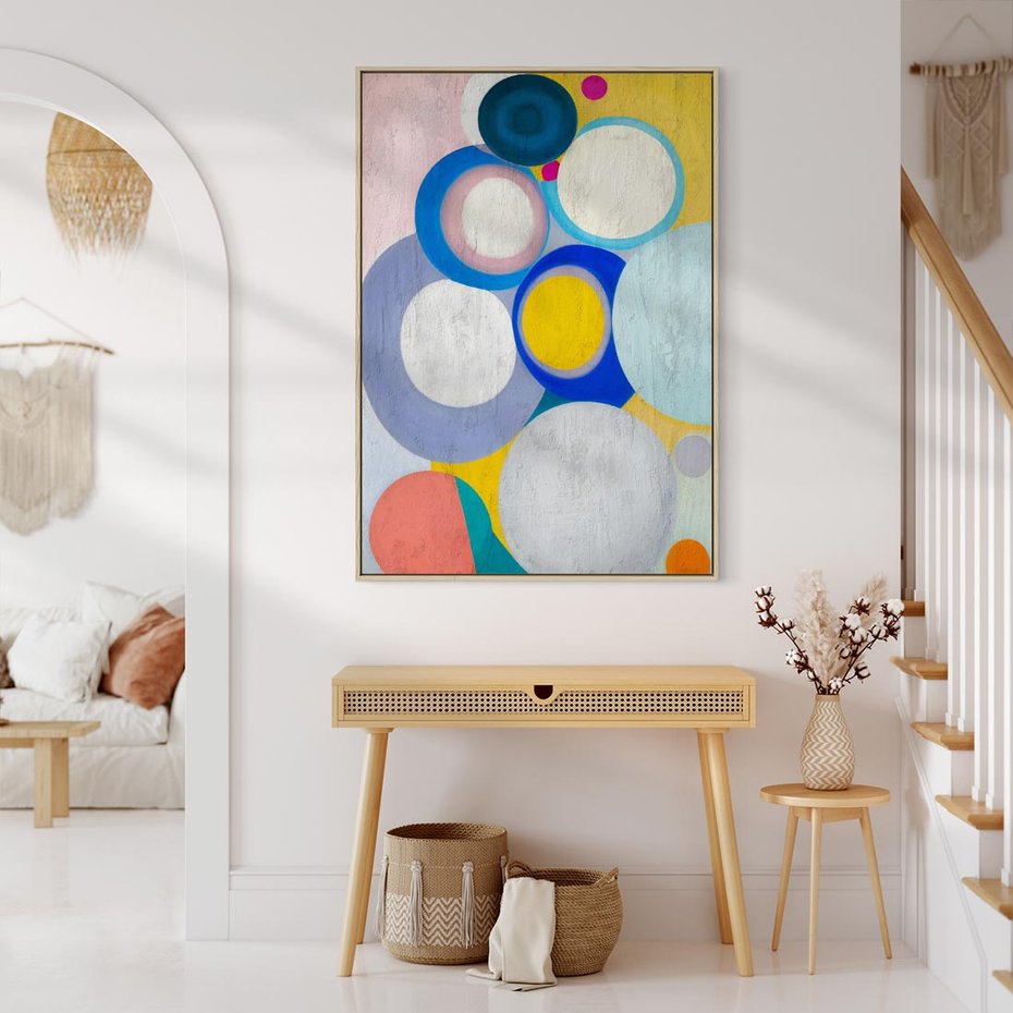 Obraz w ramie 80x120 - Rozkwitająca Symfonia Serca - abstrakcyjne geometryczne kształty, olejny obraz - rama drewno