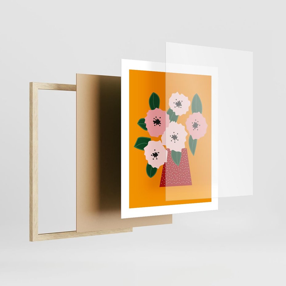 Plakat w ramie 40x50 - Harmonijne Granice - abstrakcyjne kwiaty, żółte tło - rama drewno