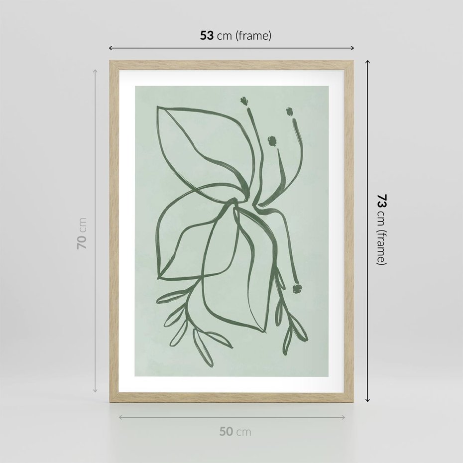 Plakat w ramie 50x70 - Energetyczne Odrodzenie Natury - abstrakcyjne delikatne zielone linie, podobne do gałęzi kwiatów - rama drewno