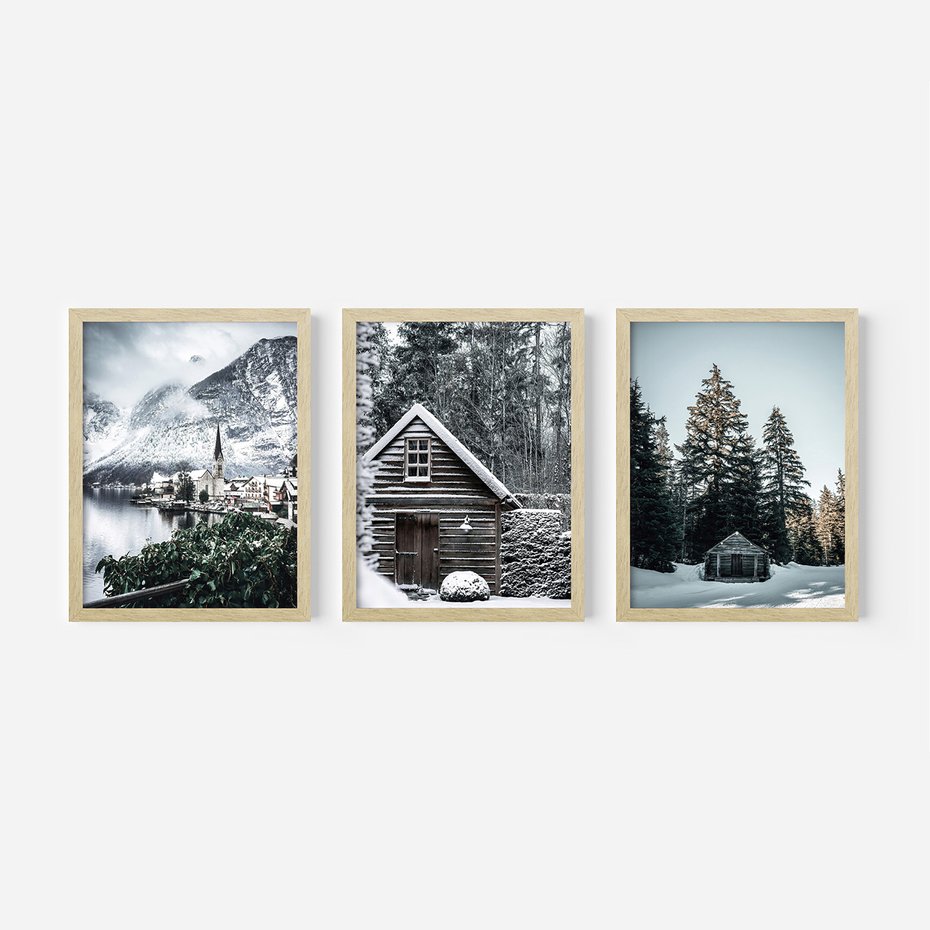 Zestaw obrazy w ramie 40x50 galeria - Domek, w, górach, zima, śnieg - rama drewno