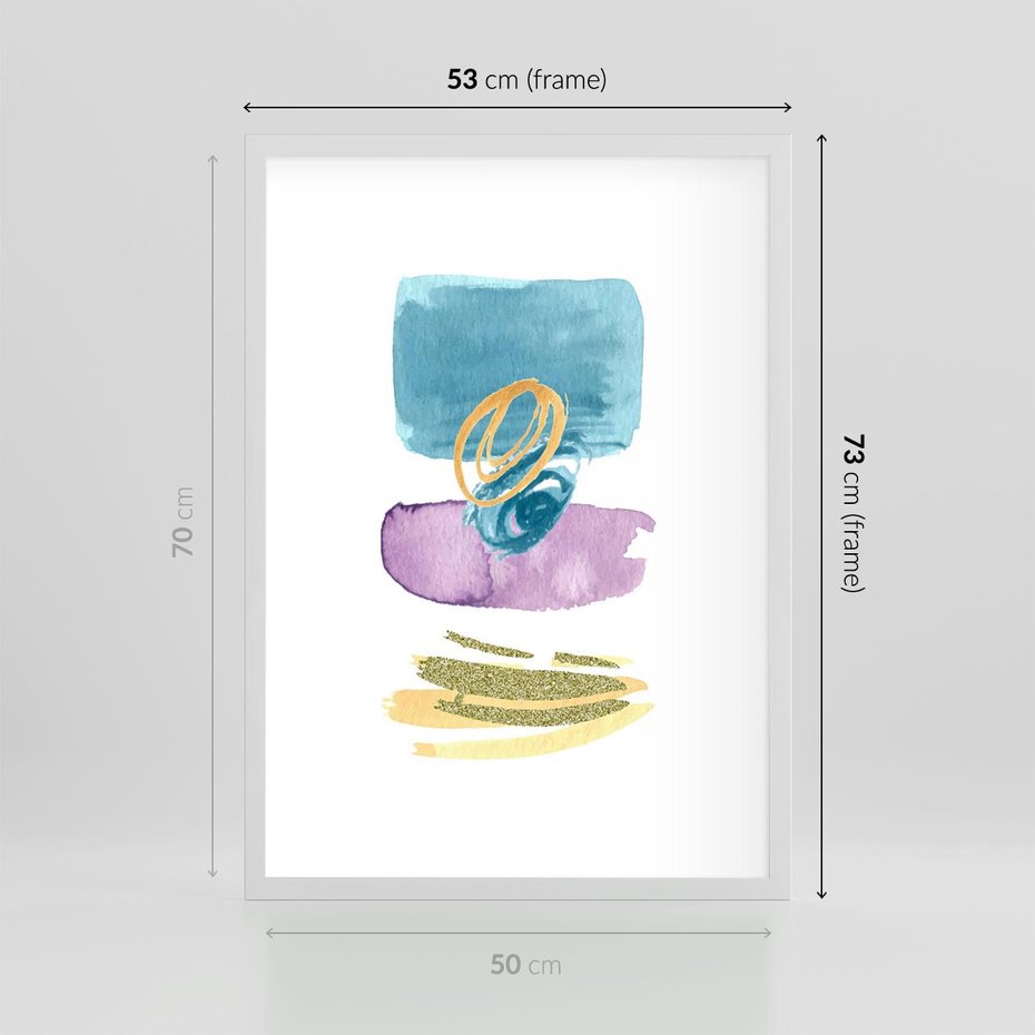 Plakat w ramie 50x70 - Taniec Akwarelowych Kresek - akwarelowe plamy w odcieniach błękitu, złote kreski - rama biała