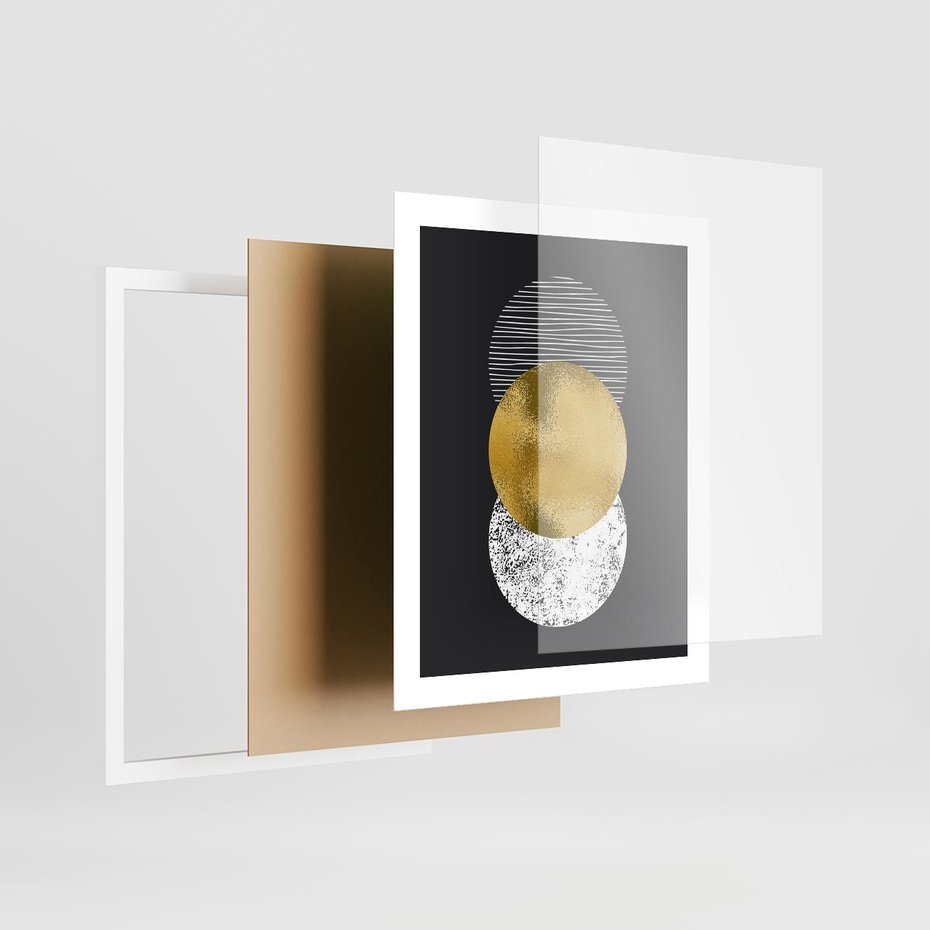 Plakat w ramie 40x50 - Geometryczna Perfekcja: Złote Koło - geometryczna grafika, złote koło - rama biała