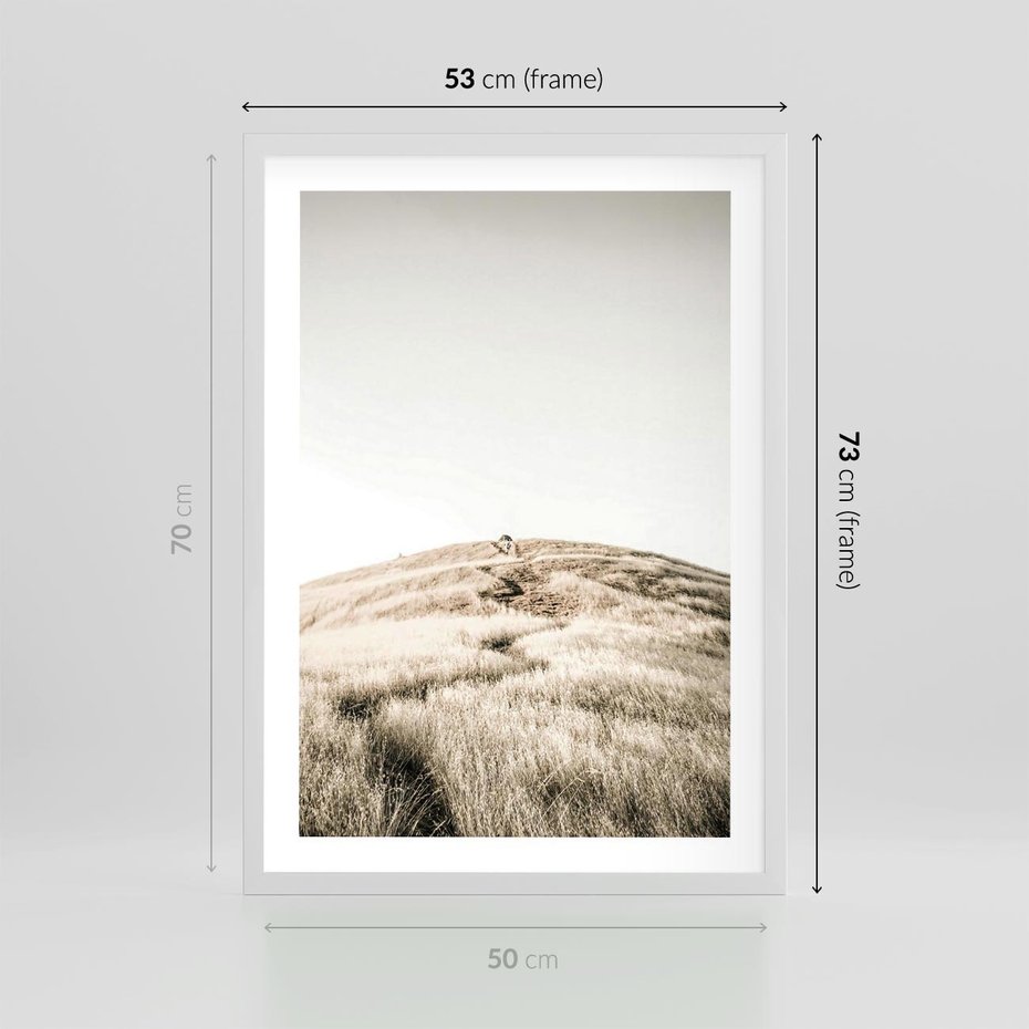 Plakat w ramie 50x70 - Wzgórze w Odcieniach Sepii - wzgórze, trawy - rama biała