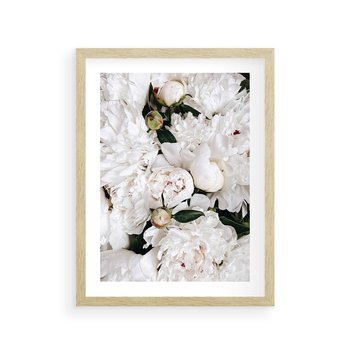 Plakat w ramie 30x40 - Modne Białe Kwiaty - białe kwiaty, płatki - rama drewno
