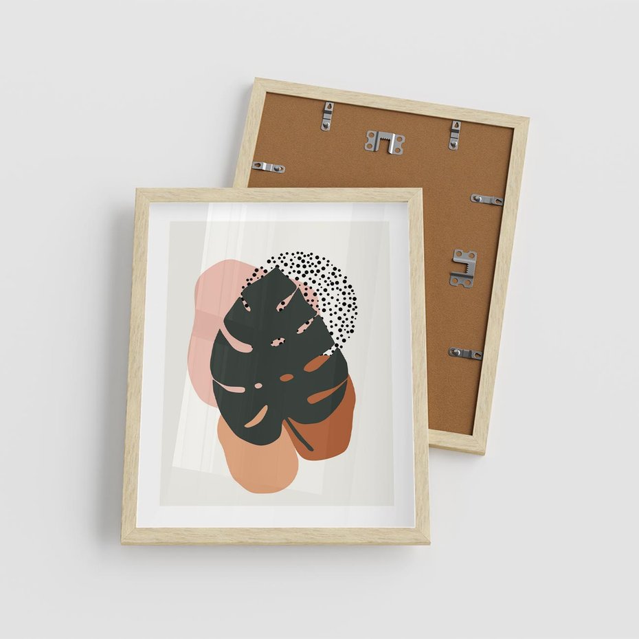 Plakat w ramie 40x50 - Minimalizm w Liściach Monstery: Plamy i Kropki - minimalizm, monstera plamy - rama drewno
