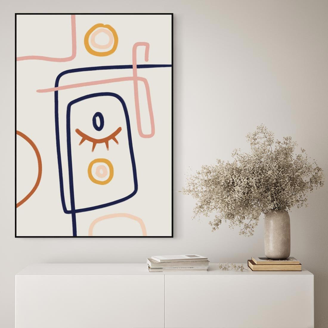 Obraz w ramie 50x70 - Manifestacje Dziwności - abstrakcja w stylu picasso, beżowe tło - rama czarna