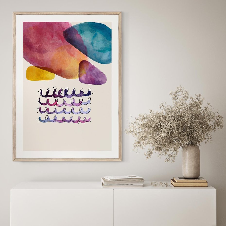 Plakat w ramie 40x50 - Impresje Akwarelowej Przestrzeni - kolorowe pastelowe plamy, rozmyte żywe kolory - rama drewno