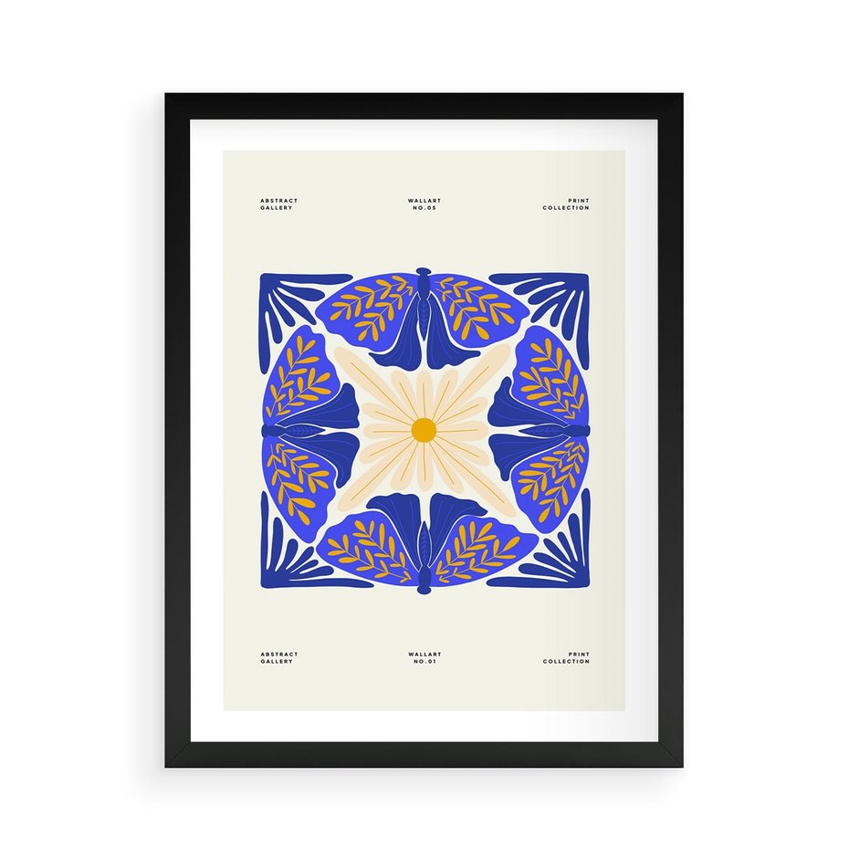 Plakat w ramie 50x70 - Księga Abstrakcji - abstrakcyjna boho kompozycja, granatowe ćmy - rama czarna