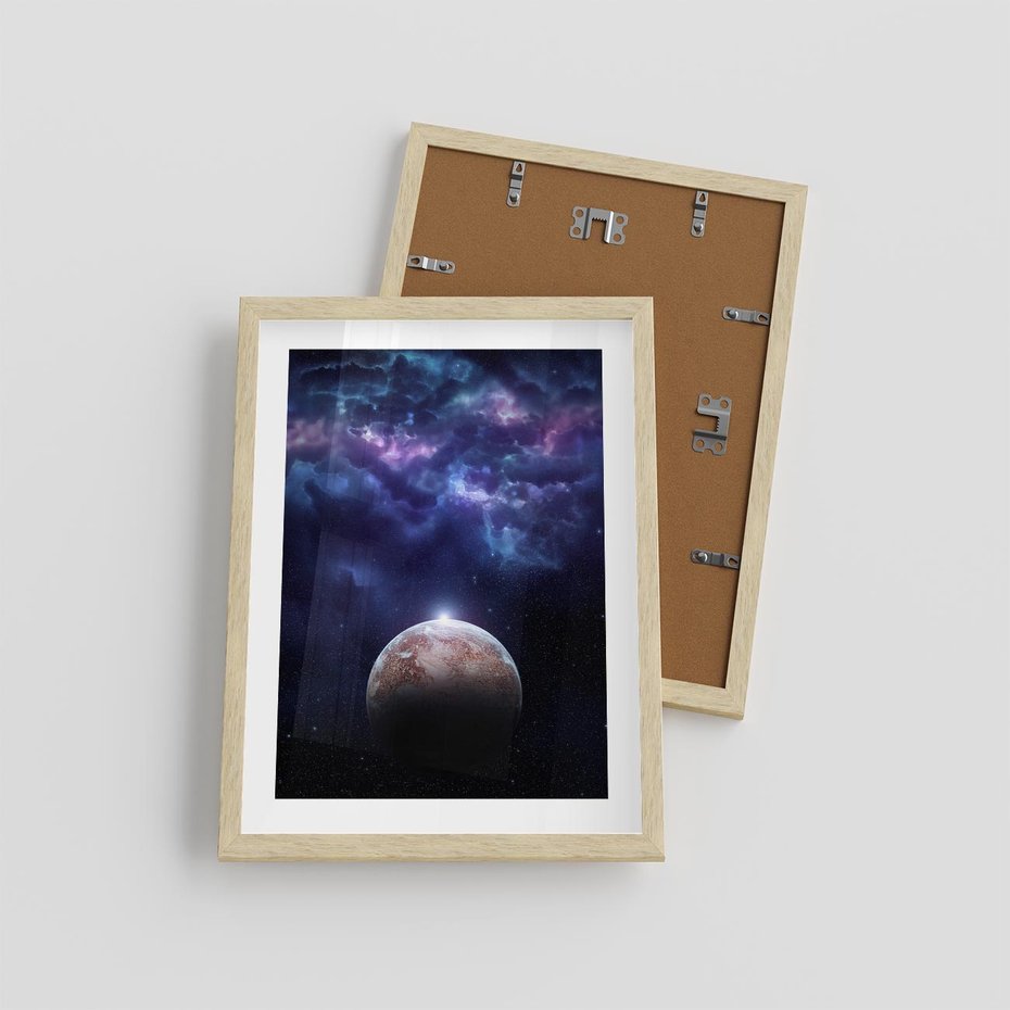 Plakat w ramie 30x40 - Kosmos - Ziemia i Księżyc - kosmos, ziemia - rama drewno