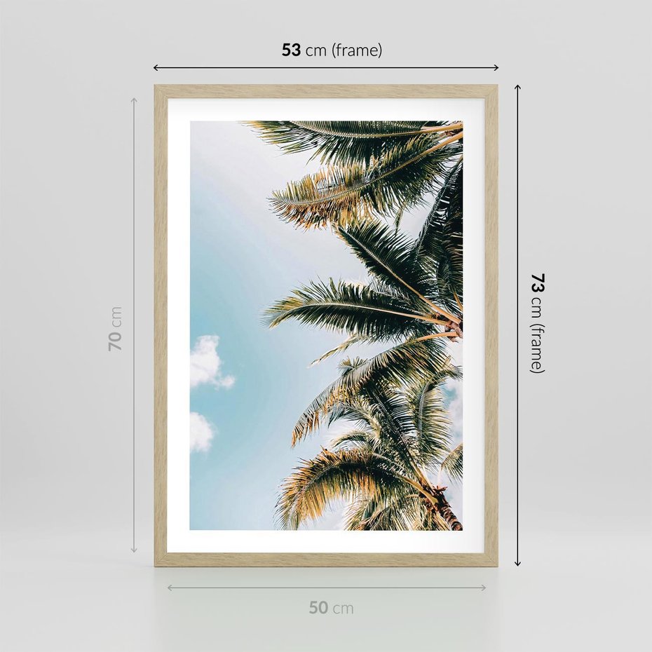 Plakat w ramie 50x70 - Pod Błękitnym Niebem - palmy, ujęcie z dołu - rama drewno
