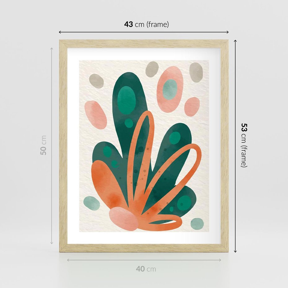 Plakat w ramie 40x50 - Harmonia bez Harmonii - akwarelowe abstrakcyjne kształty, zieleń i pomarańcz - rama drewno