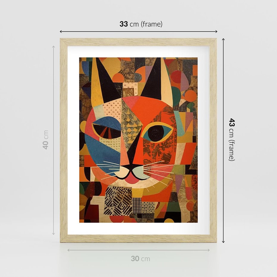Plakat w ramie 30x40 - Impresje Nieznanych Odniesień - abstrakcyjny obraz olejny, kot - rama drewno