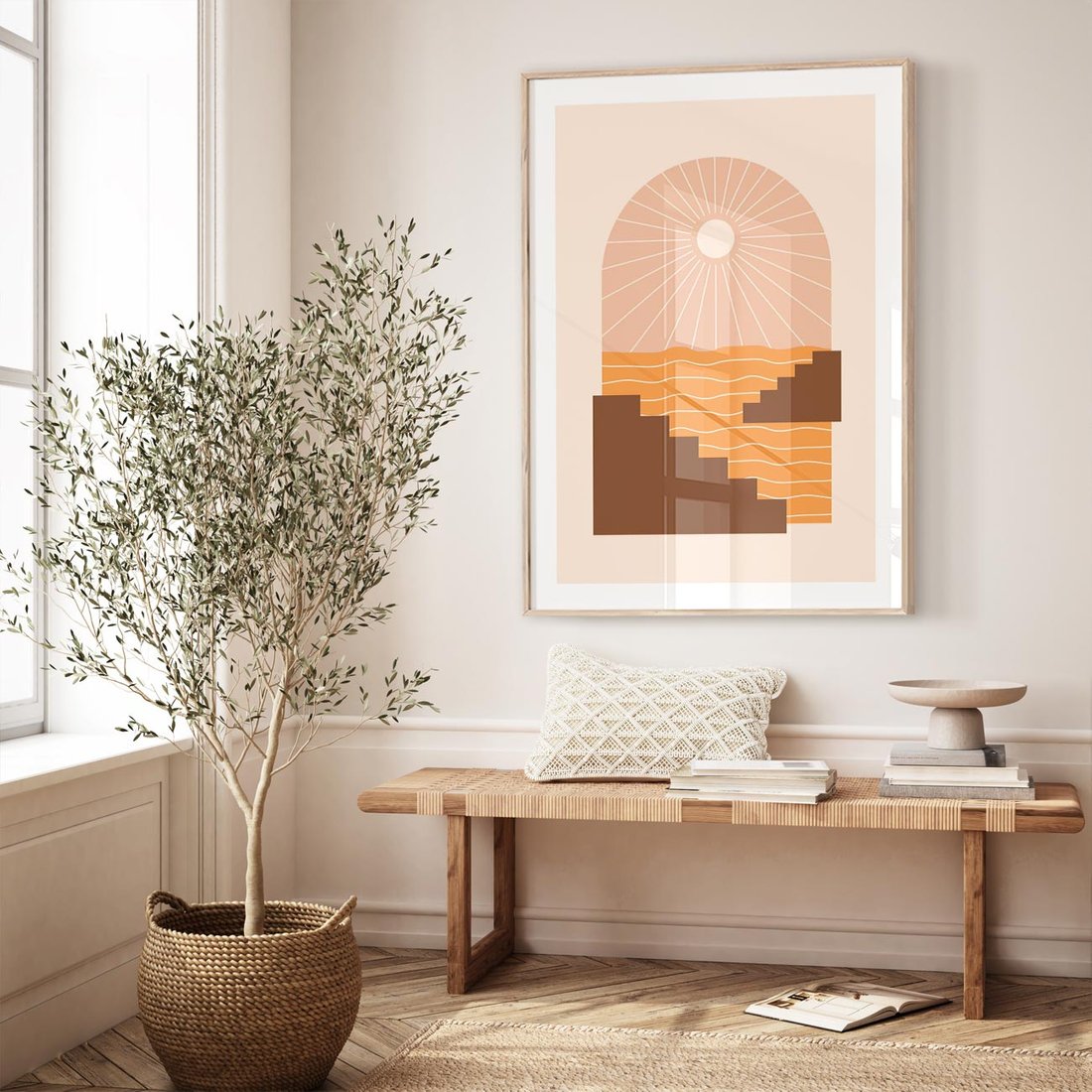 Plakat w ramie 50x70 - Słoneczne Inspiracje w Stylu Boho - boho grafika, słońce - rama drewno