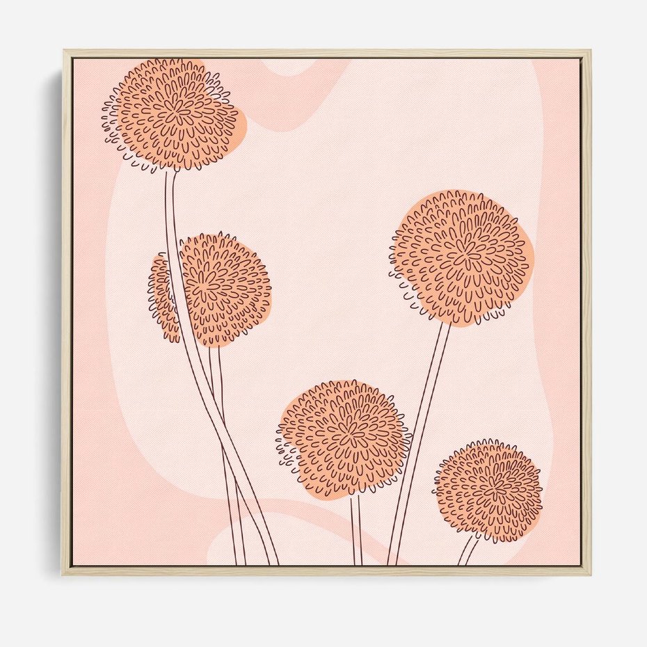 Obraz w ramie 80x80 - Rozkwitające Emocje - minimalistyczny plakat, pudrowe kwiaty - rama drewno