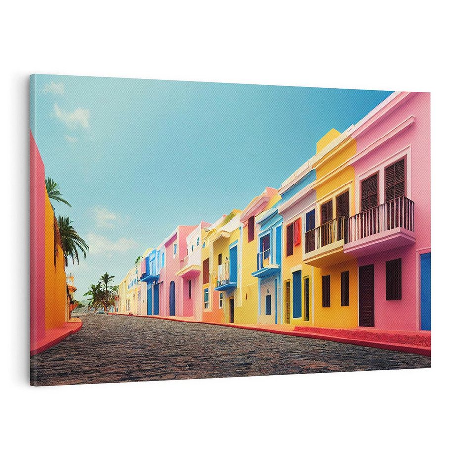 Obraz na płótnie 100x70 - Ekspresja marzeń i tęsknot - pastelowe kolorowe budynki, wzdłuż ulicy