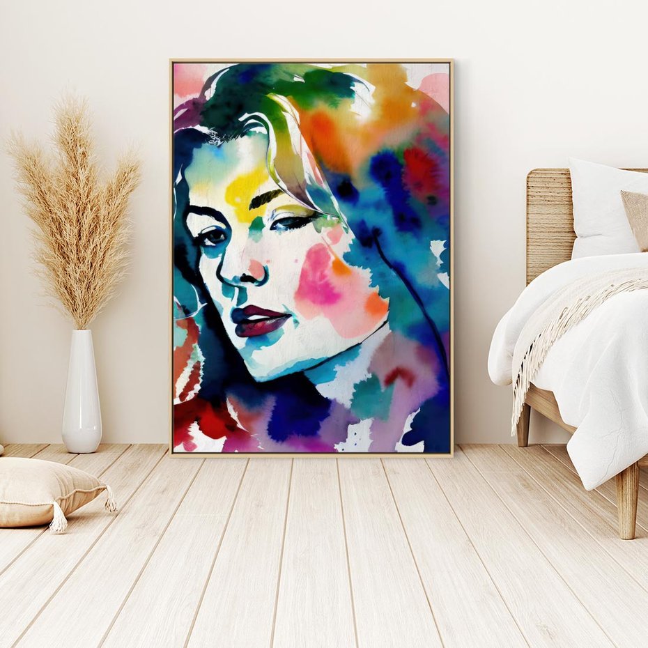 Obraz w ramie 50x70 - Abstrakcyjna ekstaza barw - abstrakcyjny portret kobiety, szkic czarną kreską - rama drewno