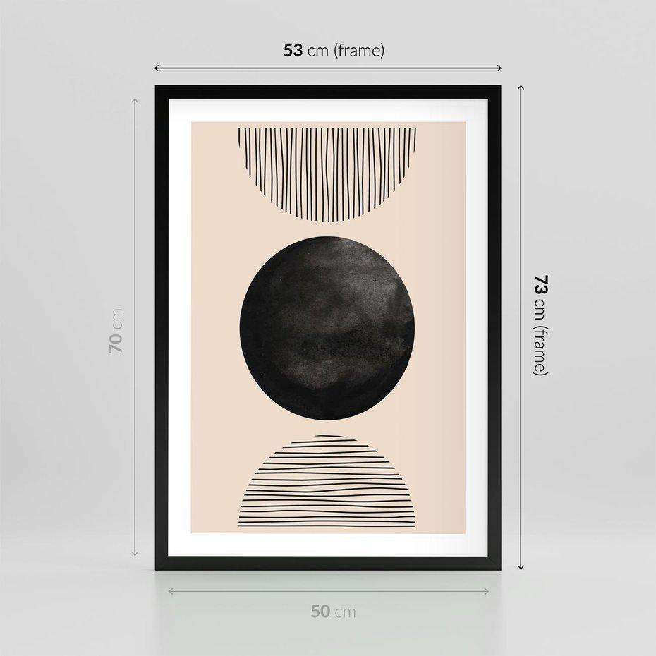 Plakat w ramie 50x70 - Minimalizm w Kształtach - geometryczny graficzny obraz, czarne koło - rama czarna