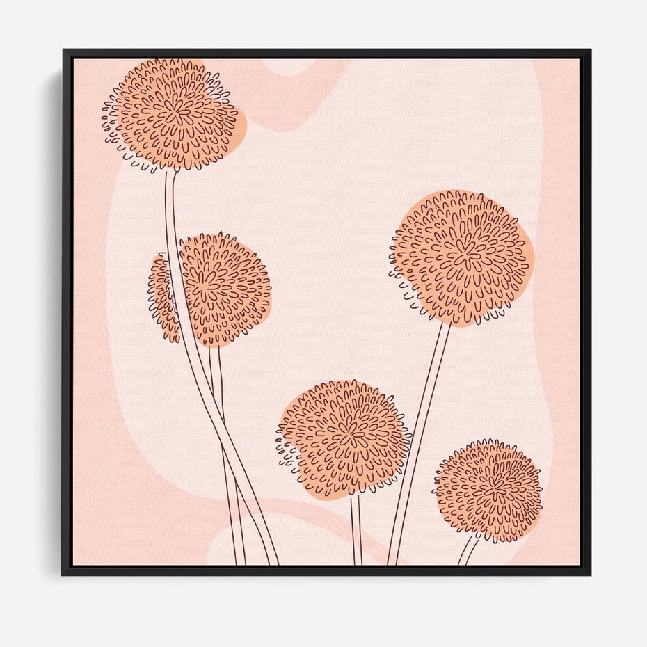 Obraz w ramie 50x50 - Rozkwitające Emocje - minimalistyczny plakat, pudrowe kwiaty - rama czarna