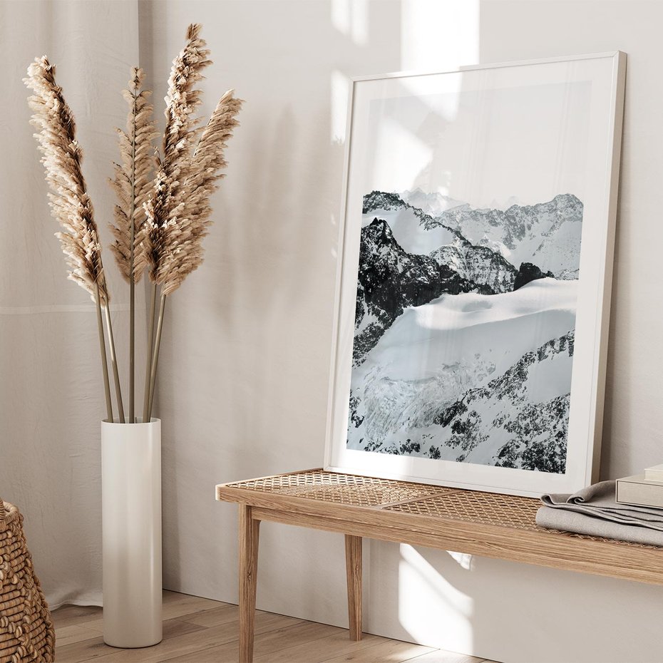 Plakat bez ramy 21x30 - Biały Zimowy Pejzaż - góry w zimie, ośnieżone wysokie szczyty