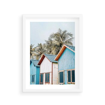 Plakat w ramie 50x70 - Rajskie Wakacje - domki na plaży, błękitne domki - rama biała
