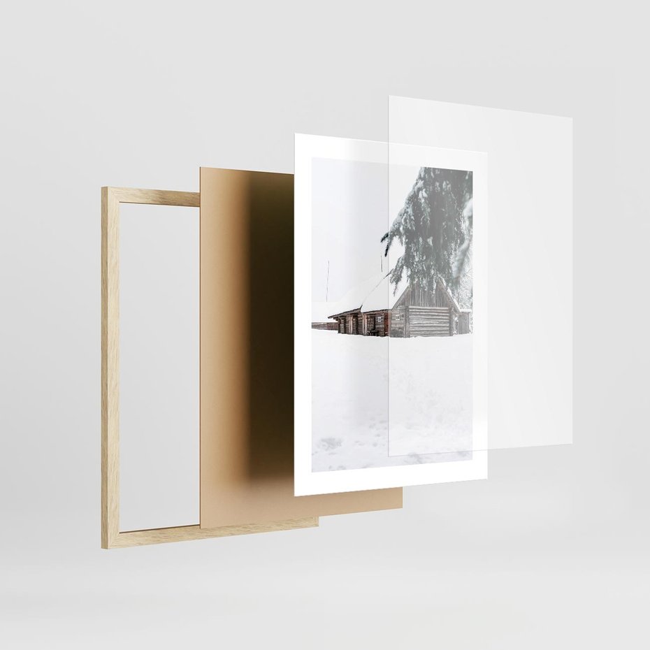 Plakat w ramie 30x40 - Zimowy Azyl - domek w górach, śnieg - rama drewno