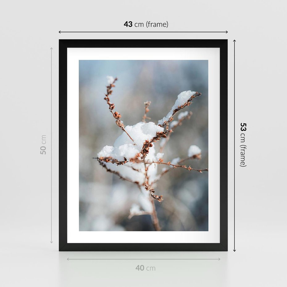 Plakat w ramie 40x50 - Zimowy Urok Natury - gałązki pod śniegiem, natura - rama czarna