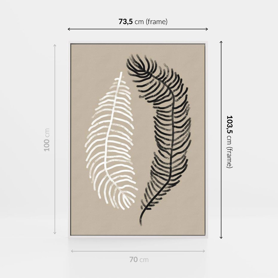 Obraz w ramie 70x100 - Spleciona Harmonia - sztuka nowoczesna, białe i czarne pióro - rama biała