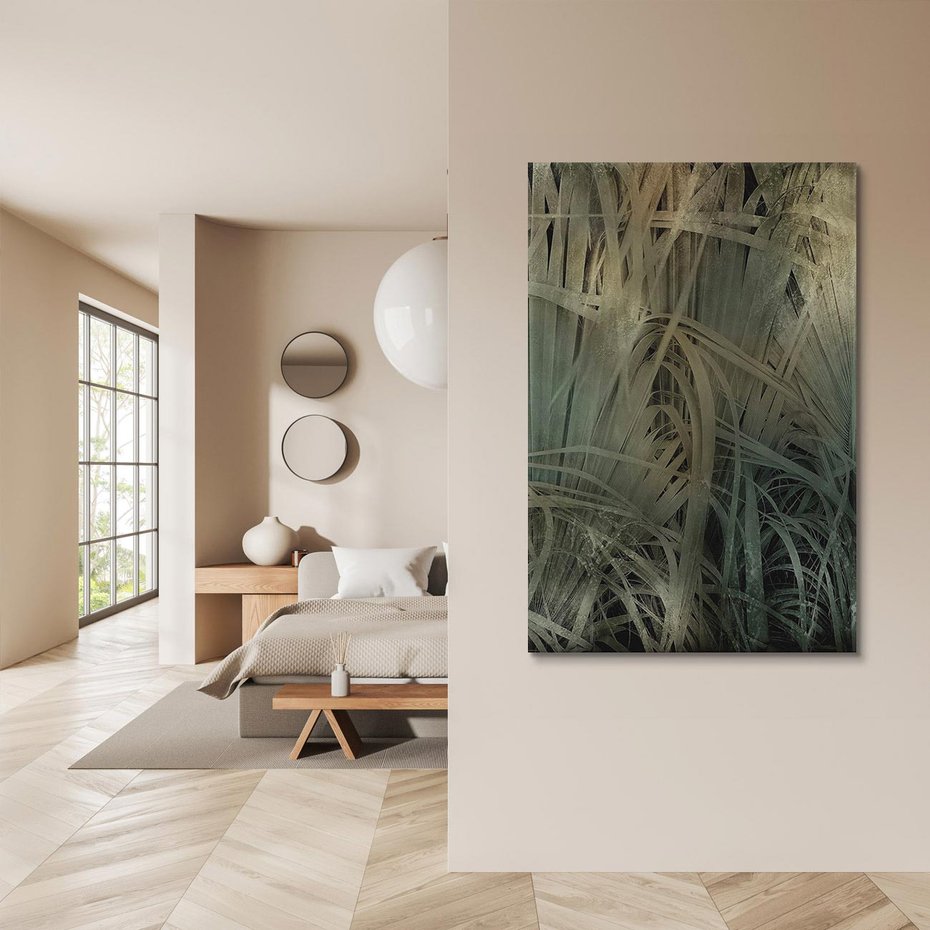 Obraz na płótnie 70x100 - Światło w mroku duszy - liście traw, mroczny klimat