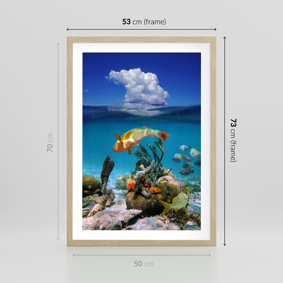 Plakat w ramie 50x70 - Podwodna rafa koralowa: kolorowy oceanowy świat - rafa, koralowa - rama drewno