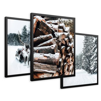 Zestaw obrazy w ramie 40x50 galeria - Zima, las, renifer, krajobraz - rama czarna