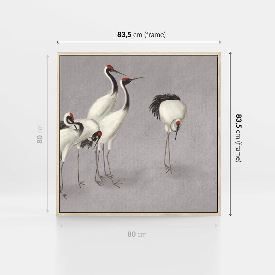 Obraz w ramie 80x80 - Spojrzenie wstecz w pędzlu - szkic rysunek, japońskie żurawie - rama drewno