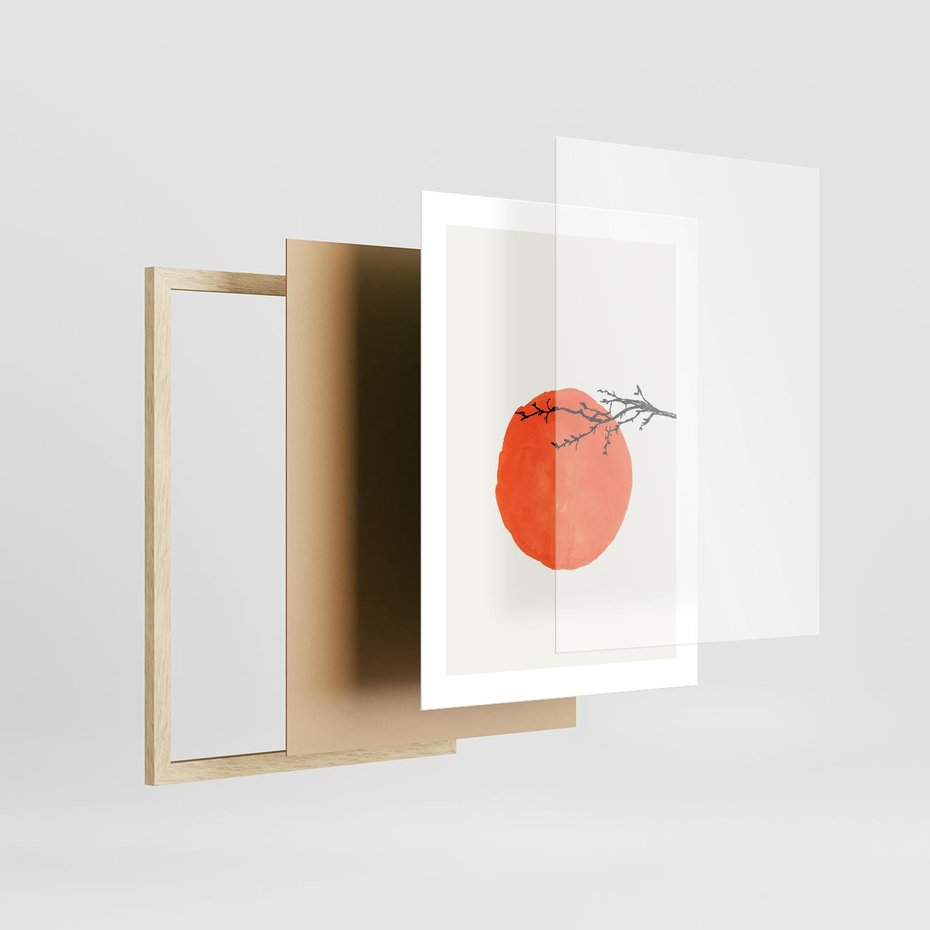 Plakat w ramie 30x40 - Słońce i Gałązka - pomarańczowe słońce, gałązka - rama drewno