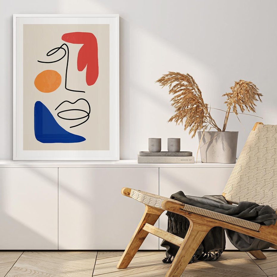 Plakat w ramie 50x70 - Rozbijające Granice Kształtów - abstrakcyjny obraz, przypomina twarz - rama biała