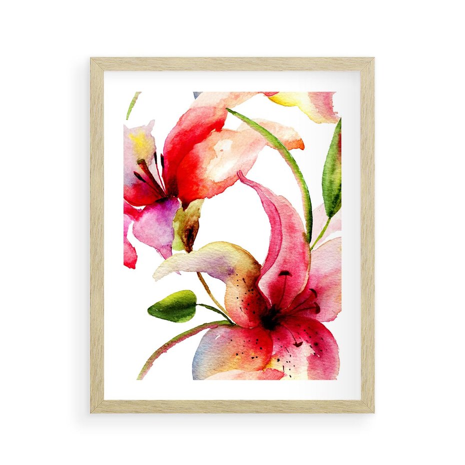 Plakat w ramie 40x50 - Kwiaty w akwareli - delikatne piękno - kwiaty, akwarela - rama drewno