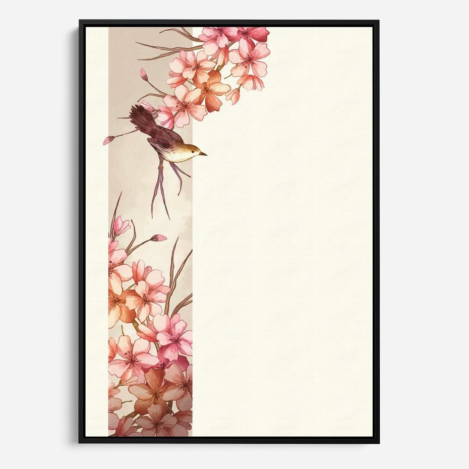 Obraz w ramie 50x70 - Rozkwitające Marzenia - japońska sztuka, ptak - rama czarna