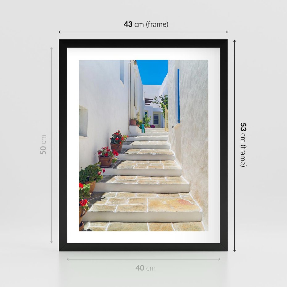 Plakat w ramie 40x50 - Urok Greckiej Uliczki - grecka, uliczka - rama czarna