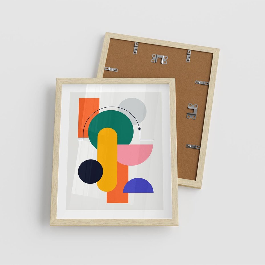 Plakat w ramie 40x50 - Harmonijne Przenikanie Form - nowoczesna sztuka, geometryczna kolorowa grafika - rama drewno