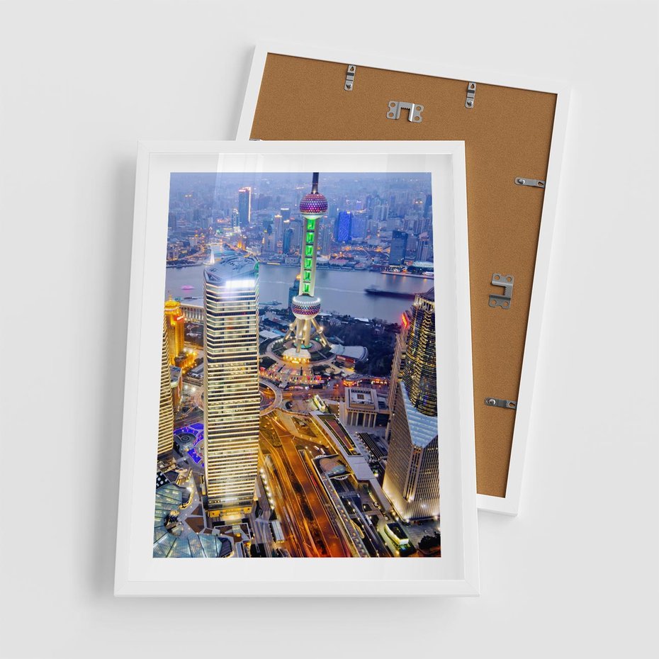 Plakat w ramie 50x70 - Wzgórza Mieściny - wieżowce, miasto - rama biała