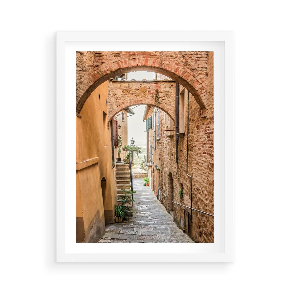 Plakat w ramie 50x70 - Magiczna podróż w głąb miasta - uliczka, perspektywa - rama biała