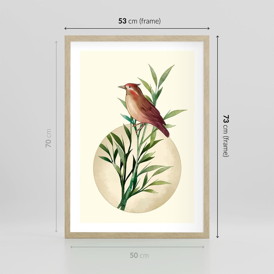 Plakat w ramie 50x70 - Rozkwitająca Delikatność - japońska sztuka, ptak - rama drewno