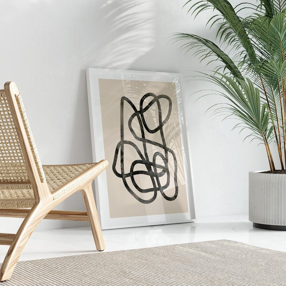 Plakat bez ramy 40x50 - Przenikanie Wirtualnych Wymiarów - zaplątane minimalistyczne linie, na bezowym tle