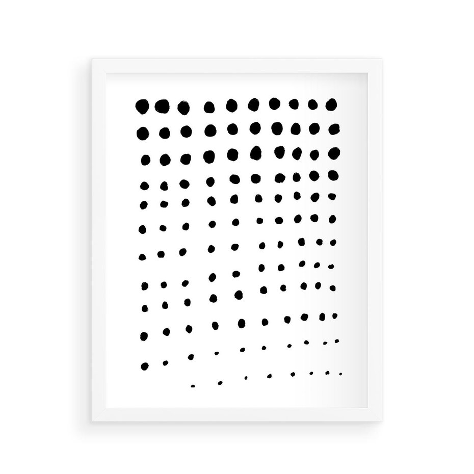 Plakat w ramie 40x50 - Abstrakcyjna Transformacja - abstrakcyjna kompozycja z czarnych kropek, minimalistyczny czarno bialy plakat - rama biała