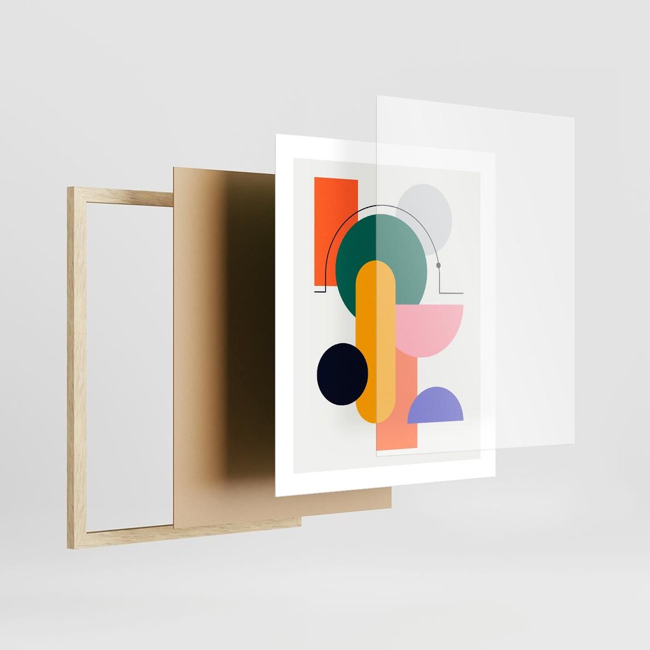 Plakat w ramie 40x50 - Harmonijne Przenikanie Form - nowoczesna sztuka, geometryczna kolorowa grafika - rama drewno