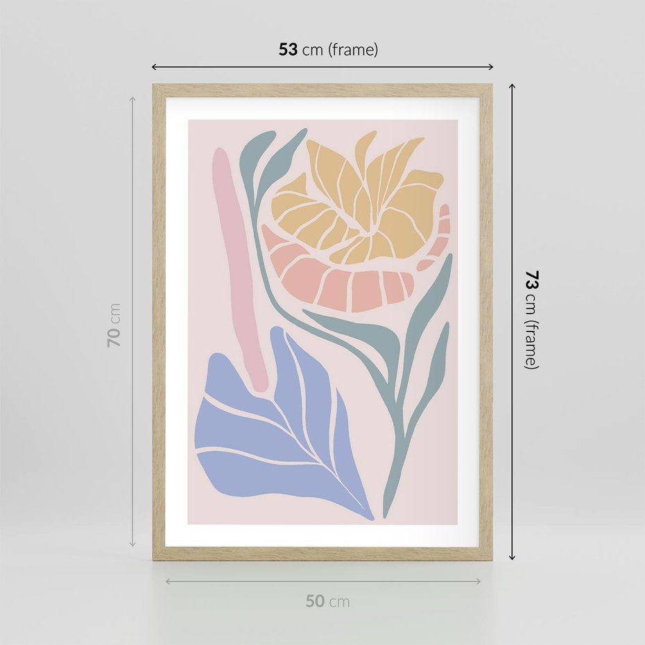 Plakat w ramie 50x70 - Wyjątkowe Ukojenie - pastelowe kwiaty, na beżowym tle - rama drewno