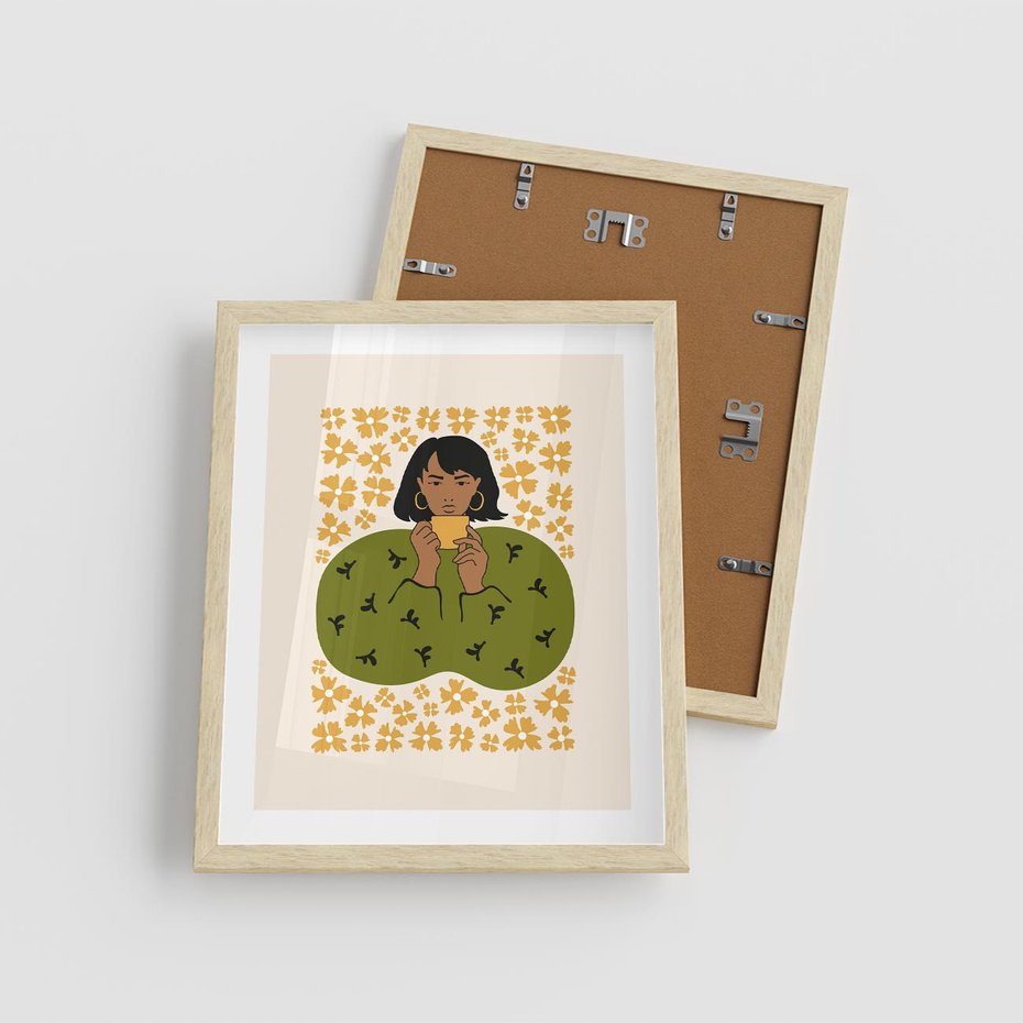 Plakat w ramie 40x50 - Wewnętrzne Fale - nowoczesny plakat, kobieta otoczona liśćmi - rama drewno