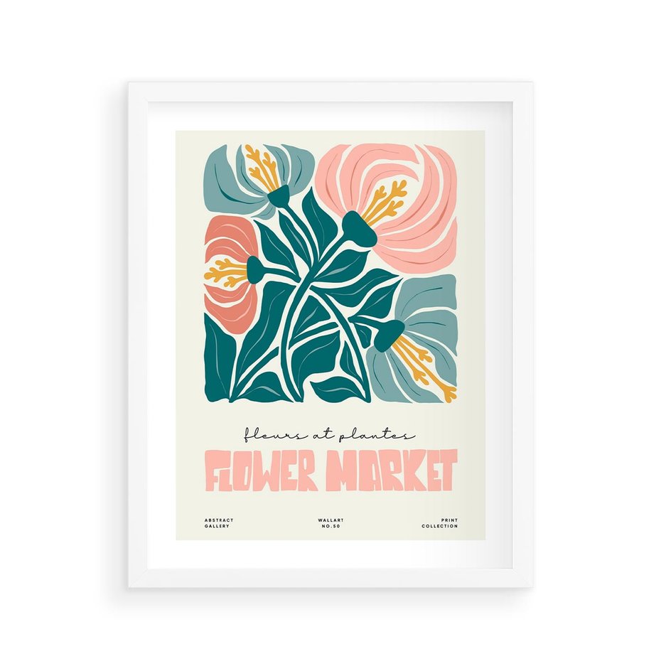 Plakat w ramie 40x50 - Taniec Kształtów - kwiaty, abstrakcyjna kompozycja - rama biała